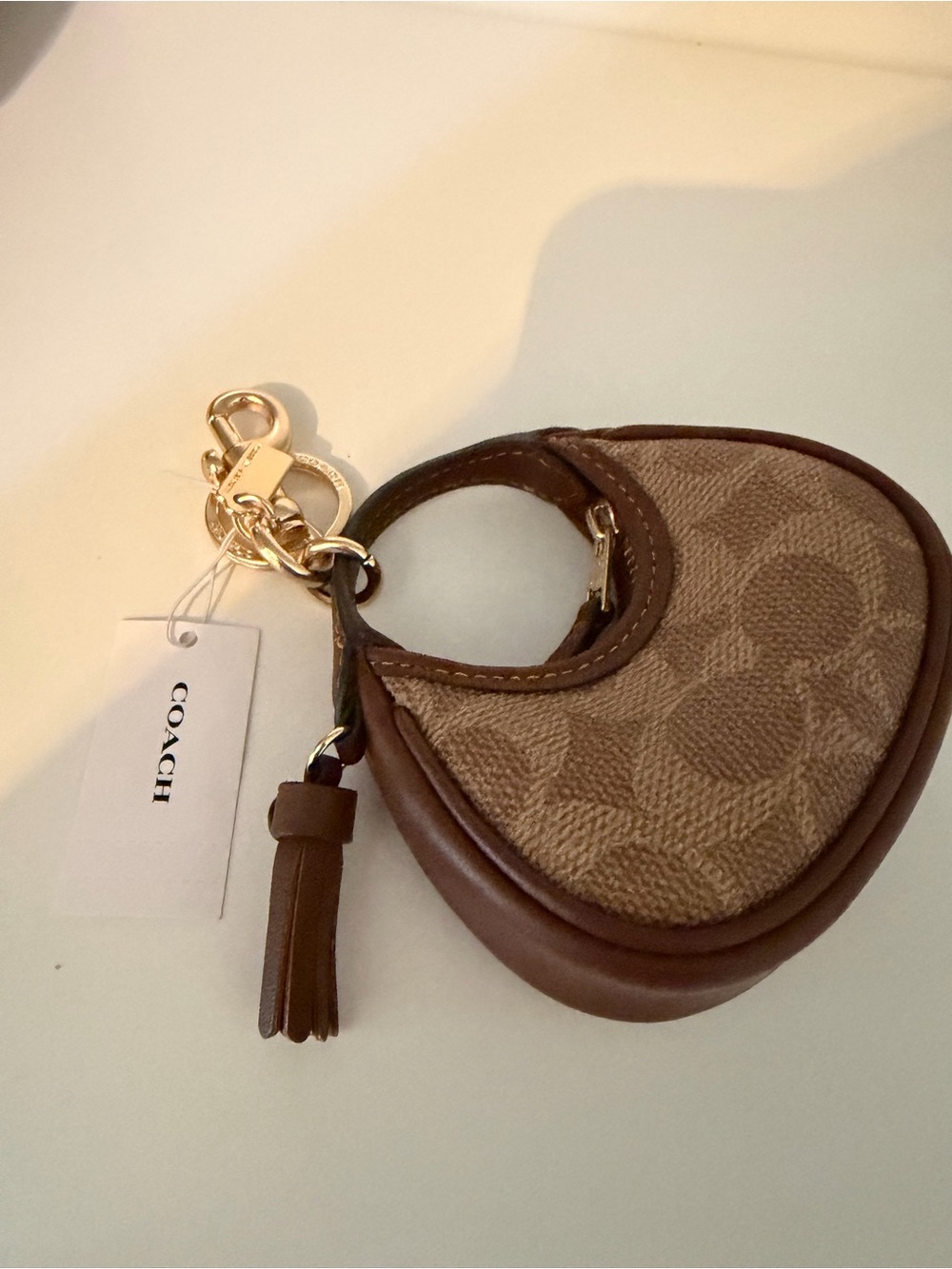 Coach Brown Signature Crescent Keyring Pouch with Tassel